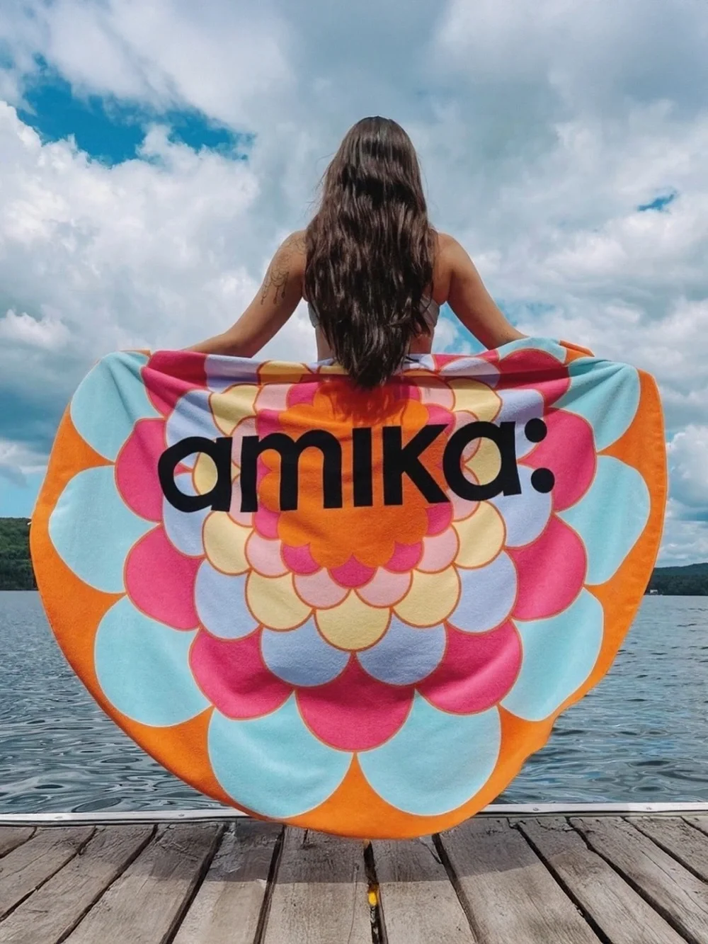 amika Round Beach Towel Mandala Floral Neon Orange Oversized 58” Like New